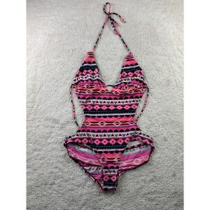 Op One Piece Swimsuit Womens Large 11-13 Pink Aztec Print Monokini Halter Cutout